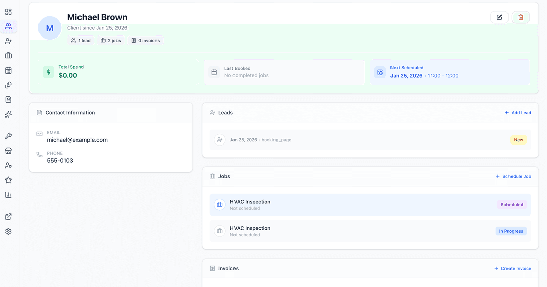 Customer profile showing contact info, leads, jobs, and invoices