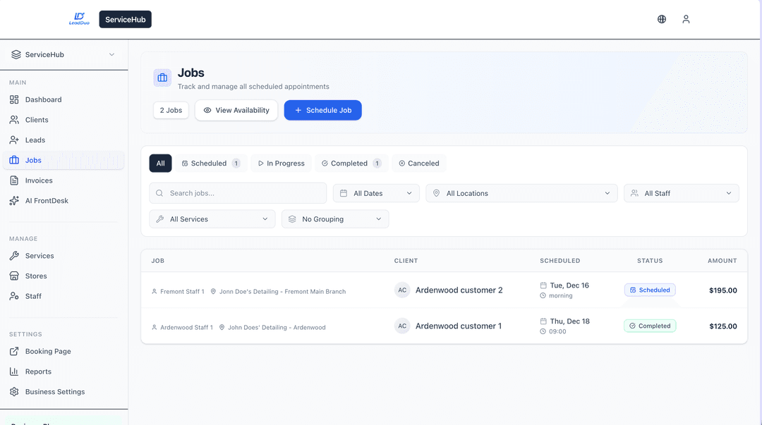 Job management board showing scheduled and completed jobs
