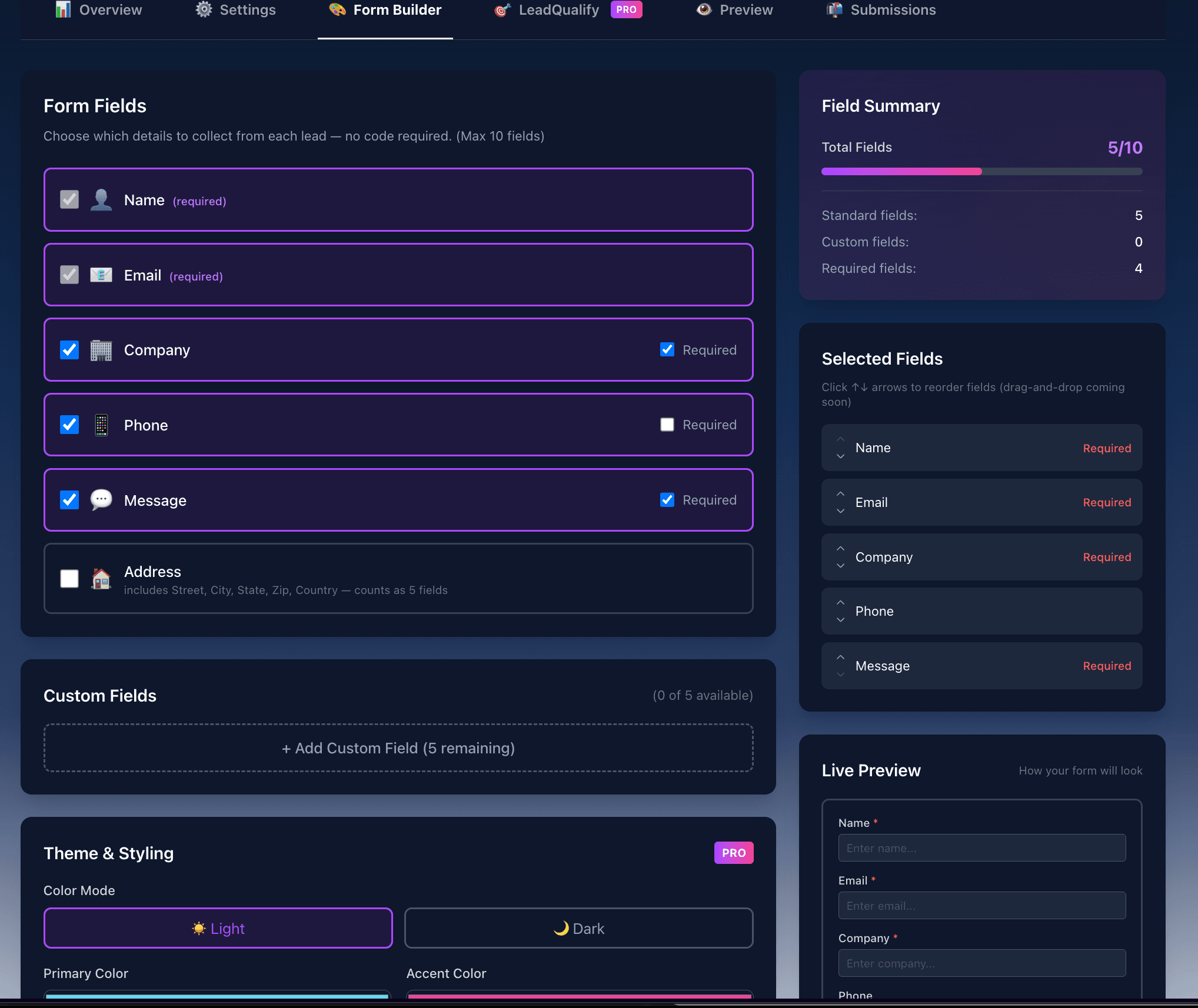 LeadDuo Form Builder interface showing field selection, theming, and live preview