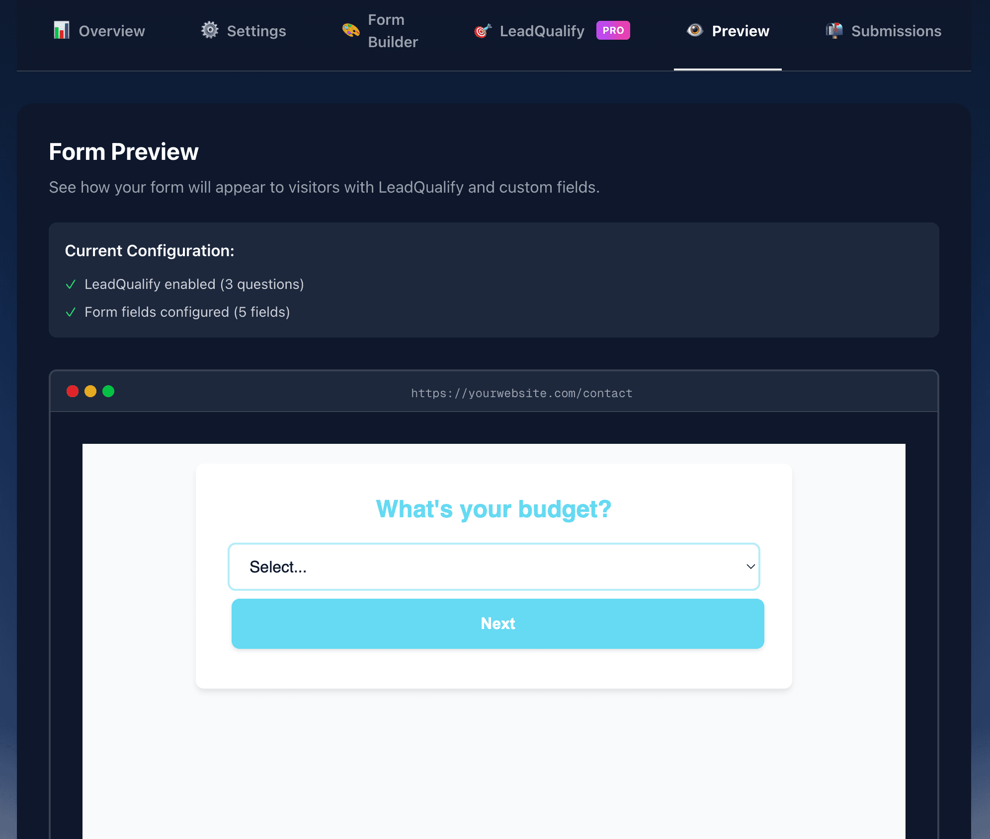 LeadDuo form preview showing live qualified form flow
