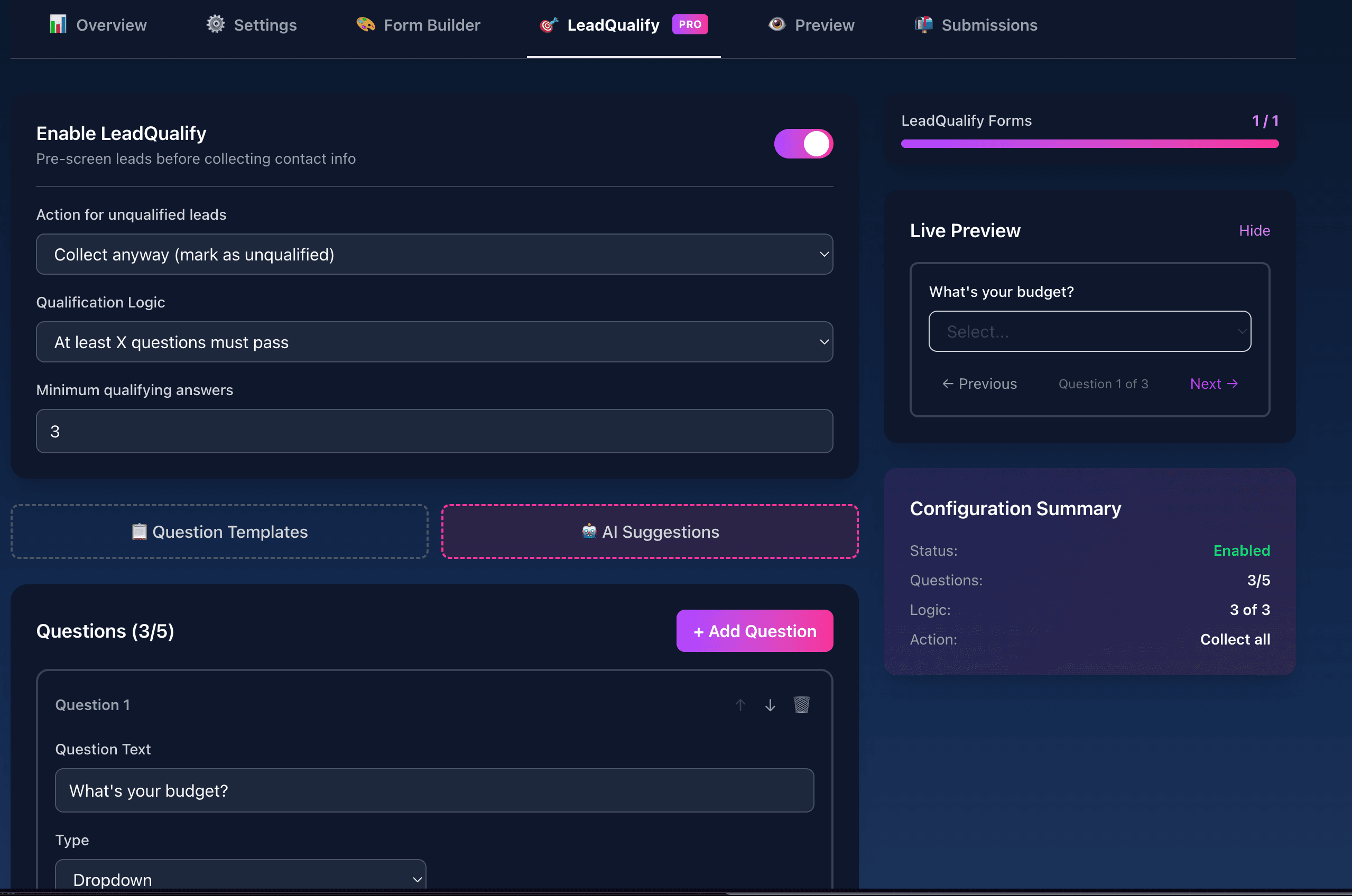 LeadDuo LeadQualify builder showing AI question suggestions and configuration
