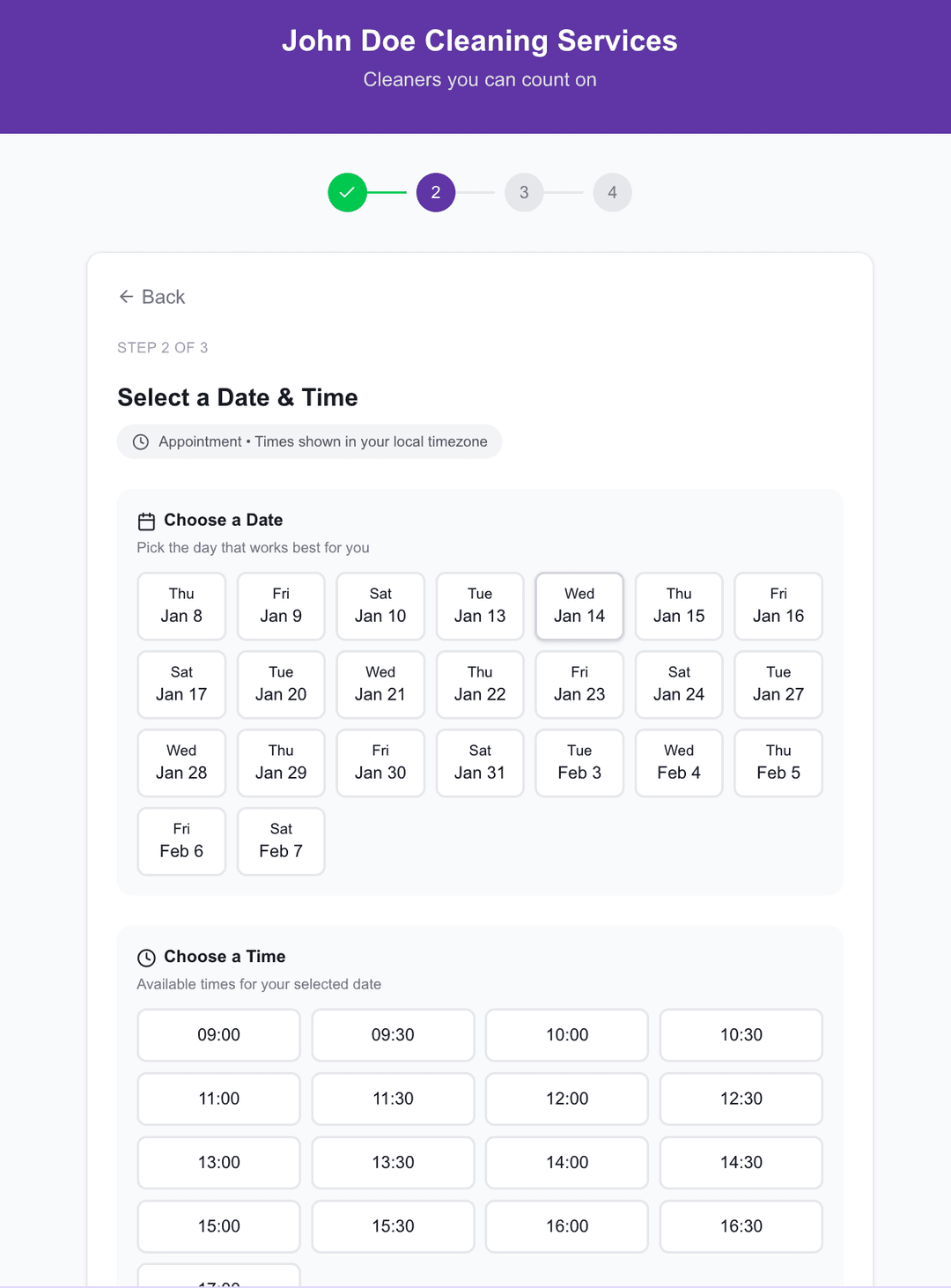Online booking page showing date and time selection
