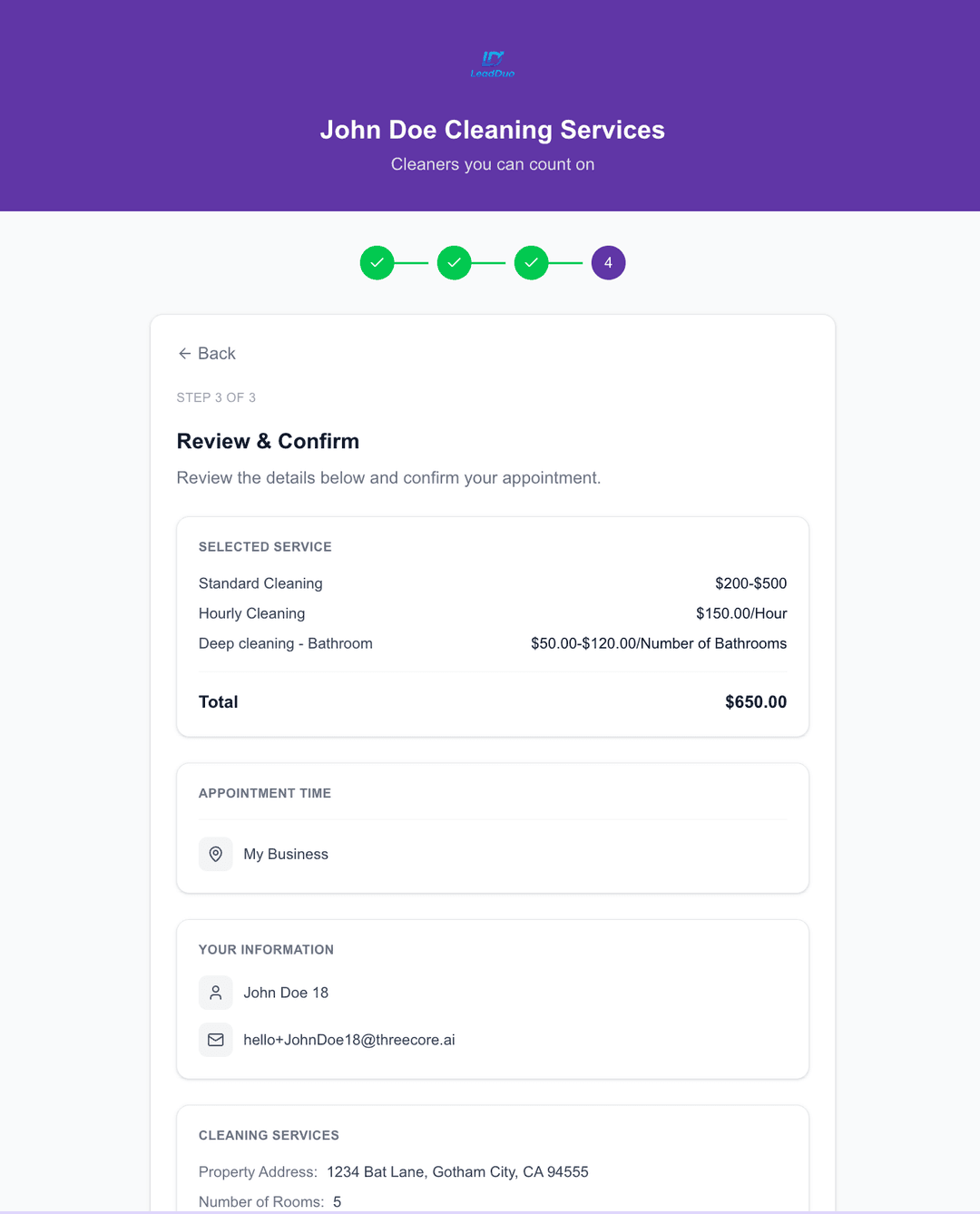 Booking confirmation showing pricing breakdown