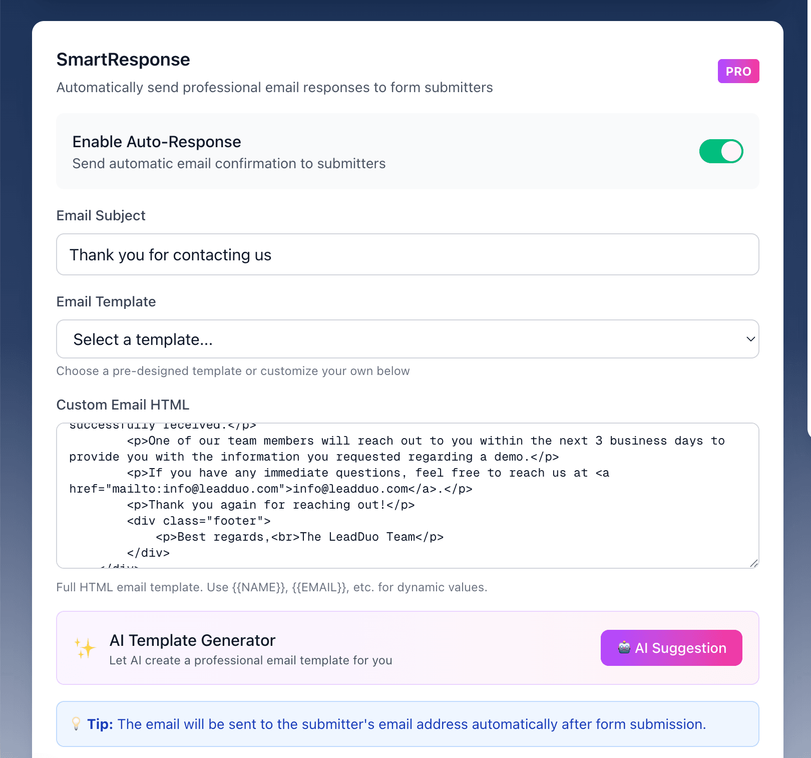 LeadDuo SmartResponse email template preview showing branded instant reply