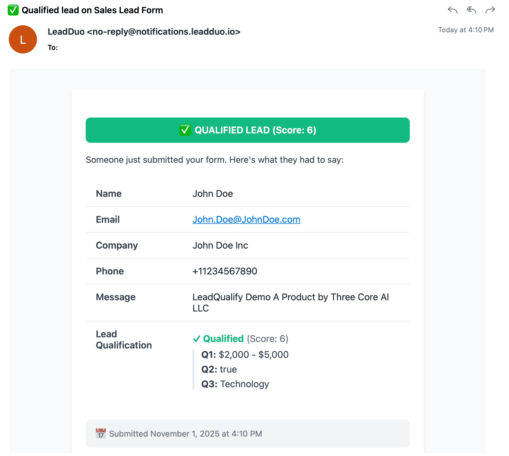 LeadDuo qualified lead email example showing AI scoring and lead details