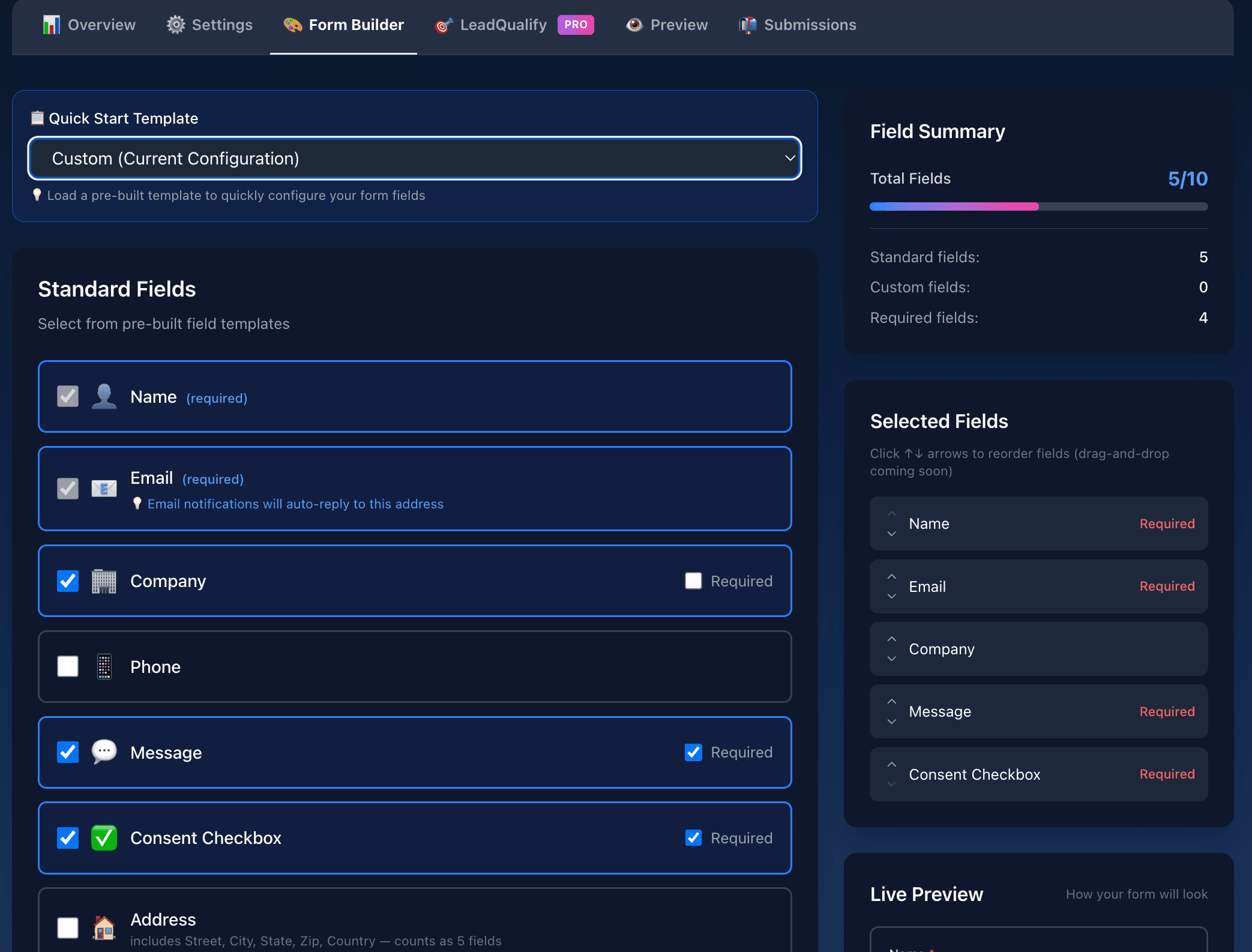 LeadDuo Form Builder interface showing field selection, theming, and live preview