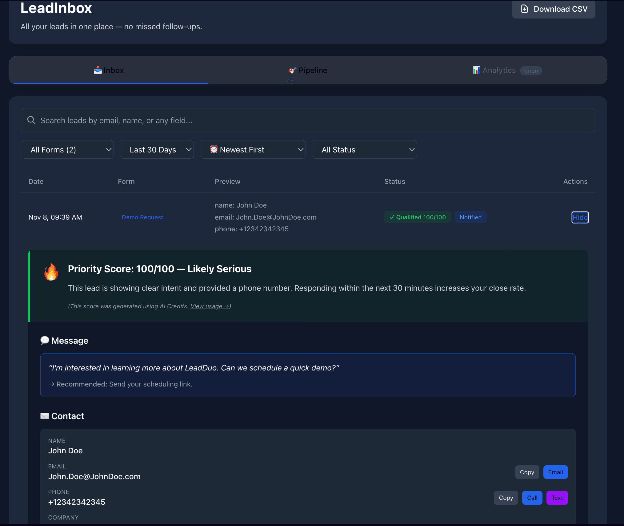 LeadInbox expanded lead view showing message, context, and AI scoring